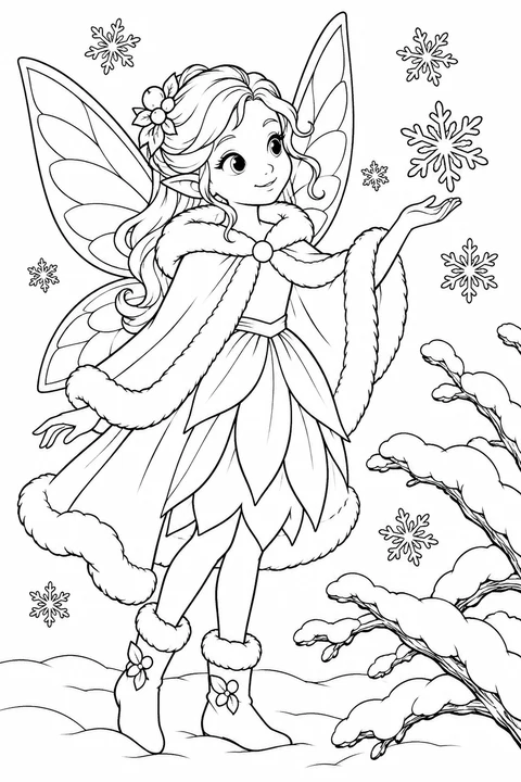 One fairy wearing a warm cape beside snowflakes and a snow covered branch