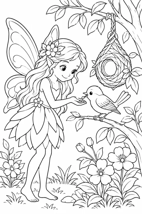 One fairy feeding a small bird beside a hanging nest and flowers