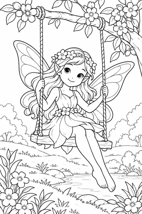 One fairy on a swing suspended from a flowering branch