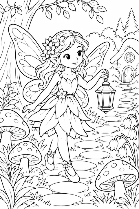 One fairy carrying an outlined lantern along a mushroom path