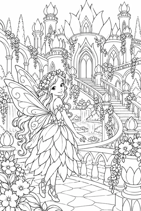One fairy in a detailed flower palace garden with petal towers, curving stairs and vines