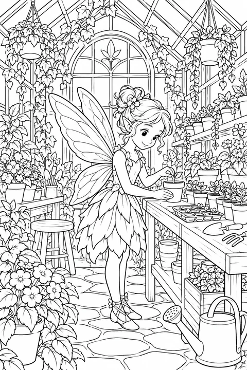 One fairy in a detailed greenhouse with shelves of seedlings, tools and trailing vines