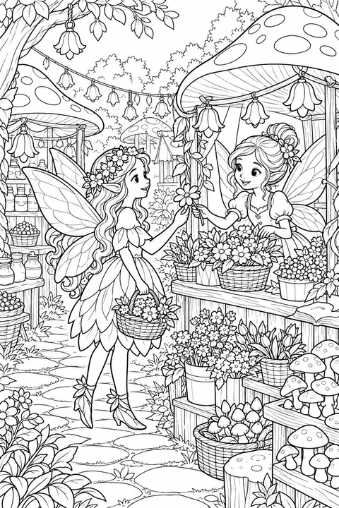 Two fairies at a detailed tiny woodland market with flower baskets, mushroom stalls and no lettering