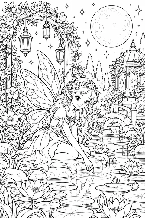One fairy in a detailed moon garden with pond, flower arch, lanterns and stars