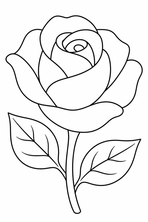 One rose with a few broad closed petal shapes and two leaves