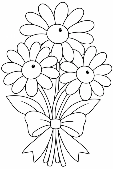 Three large daisies tied with one broad ribbon