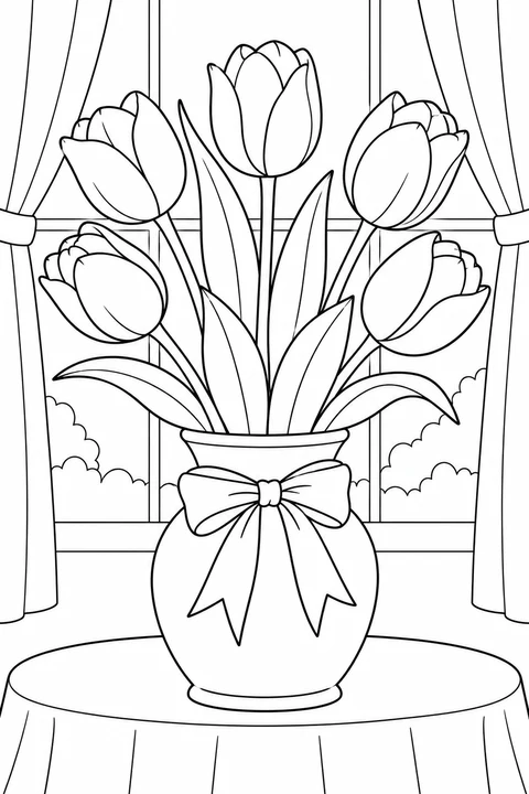 Five distinct tulips in a vase with a bow