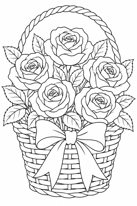 A basket of five roses with leaves and a broad ribbon