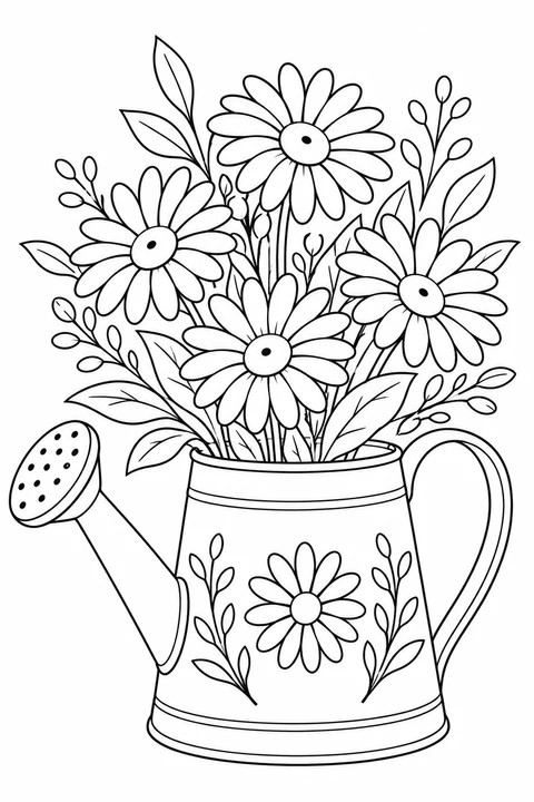 A watering can filled with daisies and leafy sprigs