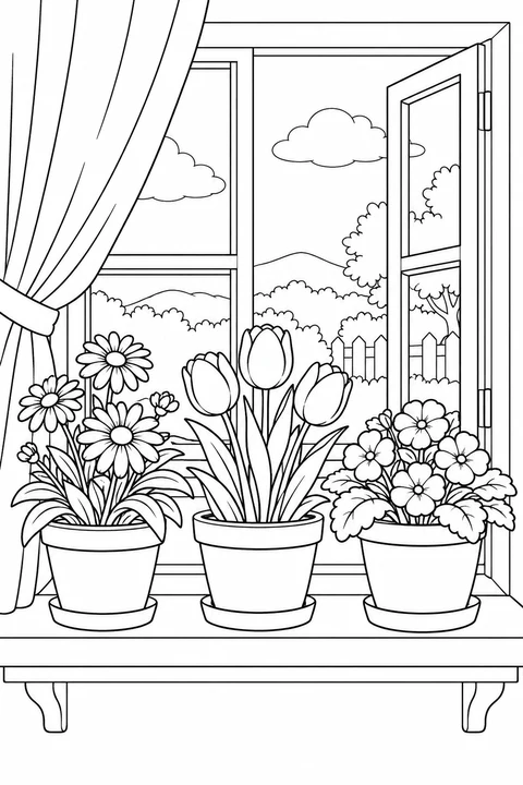 Three flowering pots on a windowsill with an open curtain