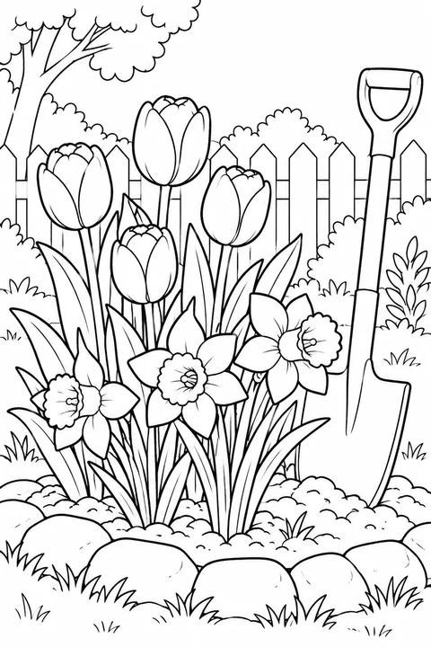 A small garden bed of tulips and daffodils beside a spade