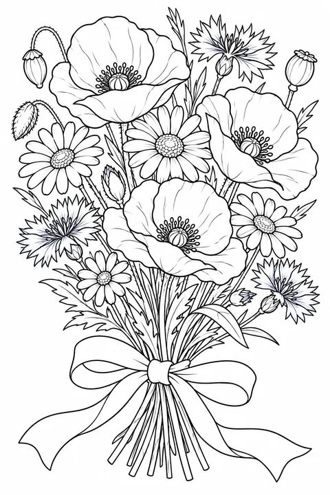 A bouquet of poppies, daisies and cornflowers tied with ribbon