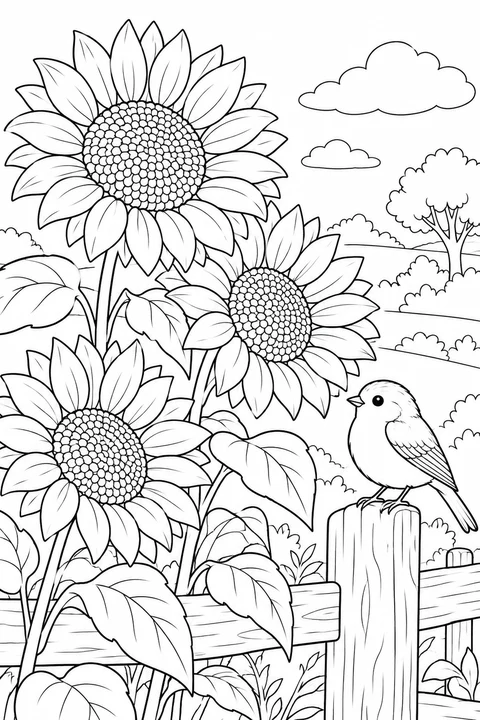 Three sunflowers beside a perched small bird on a low fence