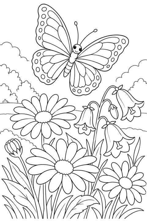 A butterfly above a mixed group of daisies and bell flowers