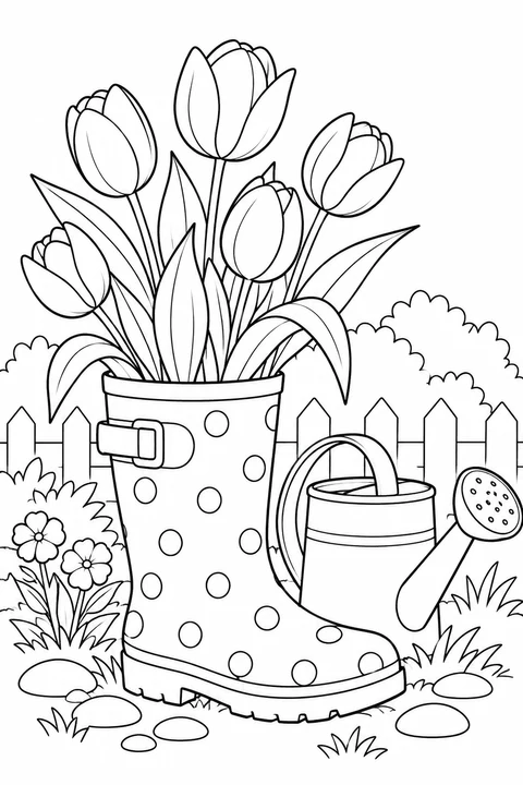 A rain boot planter with tulips, leaves and a watering can beside it
