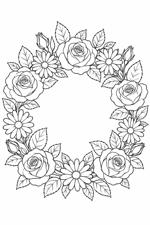A circular wreath of distinct roses, daisies and leaves with open center