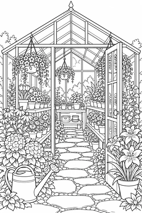 A detailed greenhouse with flower shelves, hanging baskets, a watering can and paths