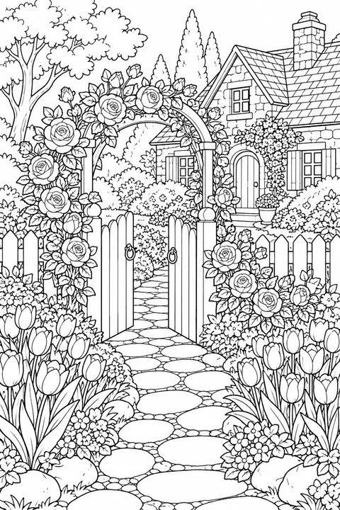 A detailed cottage garden with roses around a gate, tulip beds and stone path