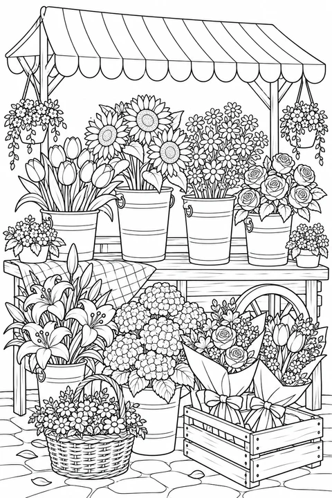 A detailed flower market stall with distinct bouquets, buckets and striped canopy, no lettering