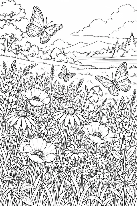 A detailed meadow of different flowers with butterflies, grasses and distant trees