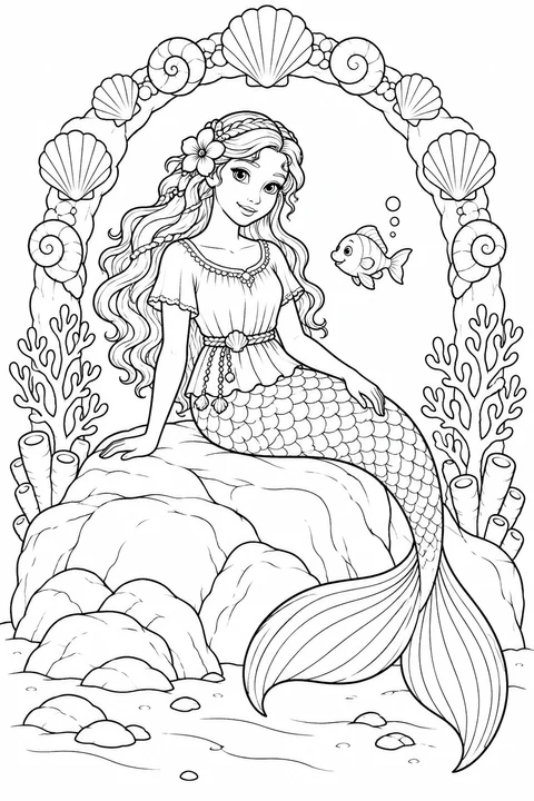 A mermaid resting beneath an arch of shells