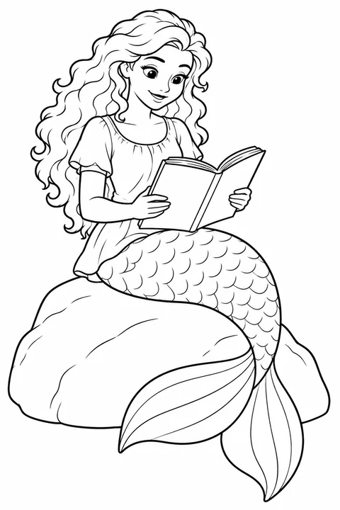 A mermaid on a rock reading an open book