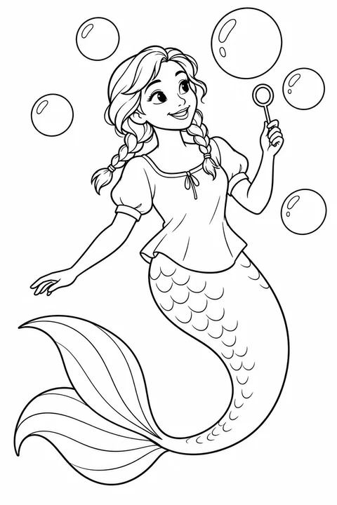 A mermaid holding a bubble wand beneath large bubbles