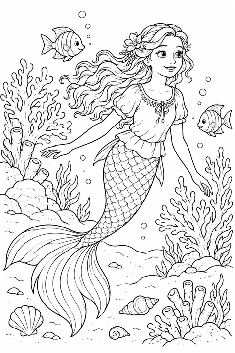 A mermaid between coral plants and small fish