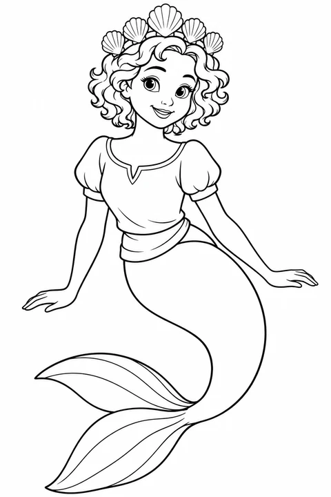 A mermaid with short curls and a crown of shells