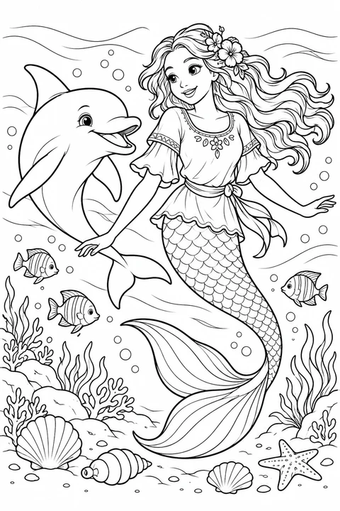 A mermaid swimming with a dolphin above seashells