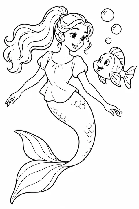 A mermaid swimming beside a small fish and bubbles