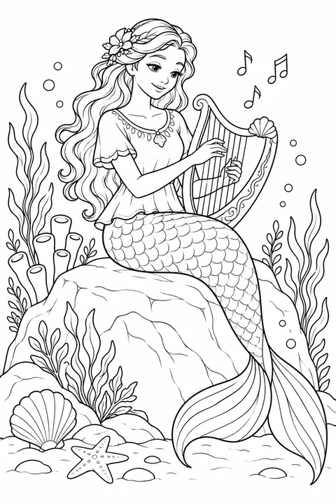 A mermaid seated on a rock playing a harp
