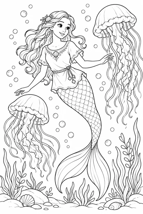 A mermaid watching bell-shaped jellyfish