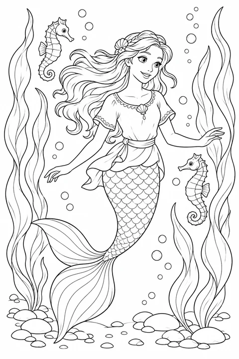 A mermaid among broad seaweed fronds and seahorses