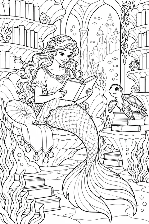 A mermaid reading in an underwater library with shell shelves