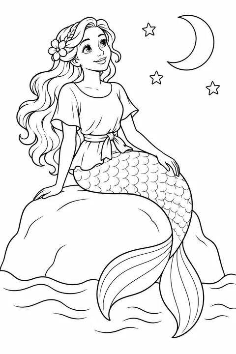 A mermaid on a rock beneath a crescent moon and stars