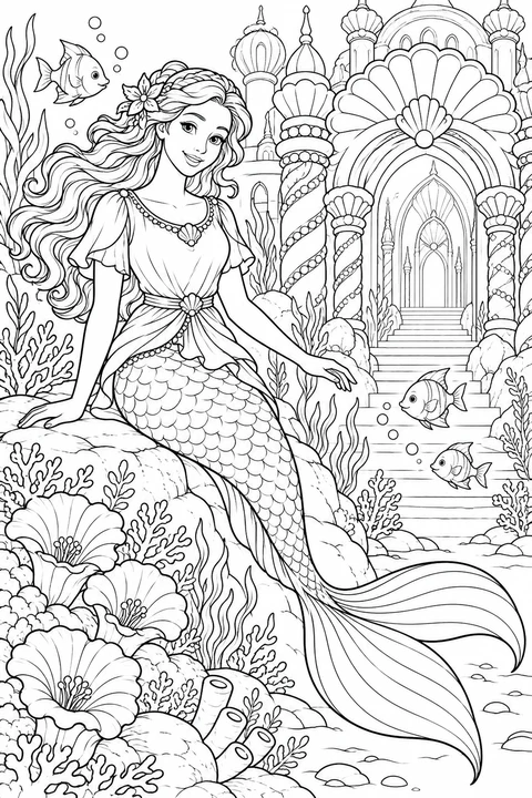 A mermaid at a palace entrance with shell arches and coral