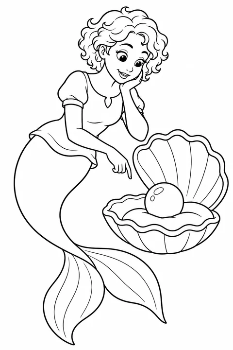 A curly-haired mermaid beside an open shell containing a pearl