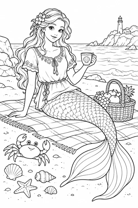 A mermaid at a seaside picnic beside fruit and a crab