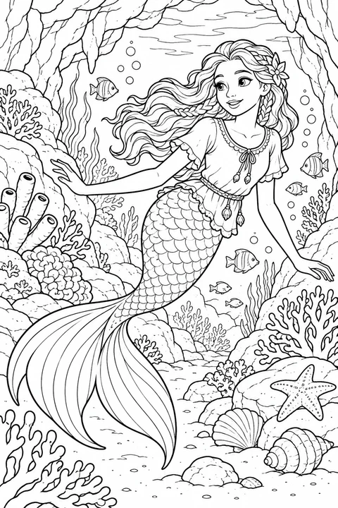 A mermaid exploring a cave with coral, fish and shells