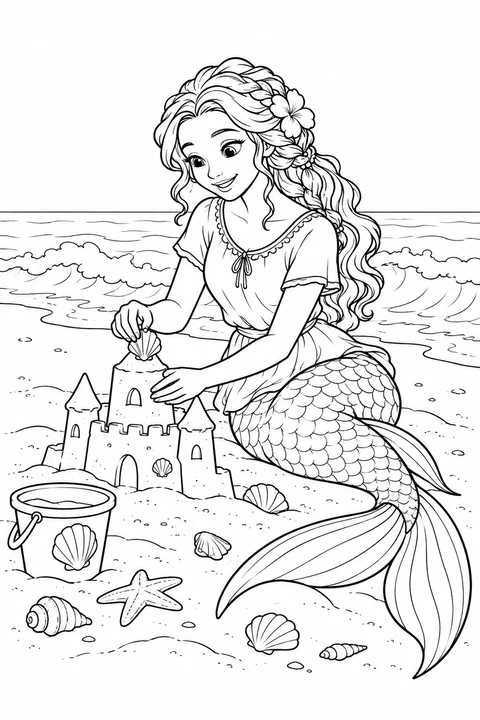A mermaid building a sandcastle beside a bucket and shells
