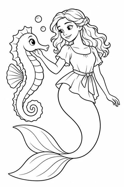 A mermaid looking at a seahorse
