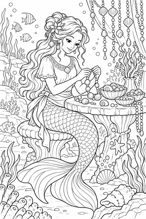 A mermaid arranging shell beads into a necklace at a worktable