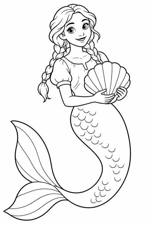 A mermaid with braids holding a large scallop shell