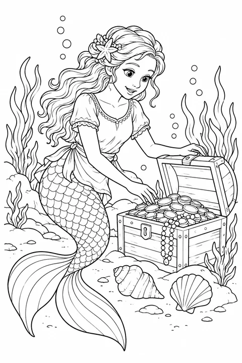 A mermaid by an open chest of coins and pearls
