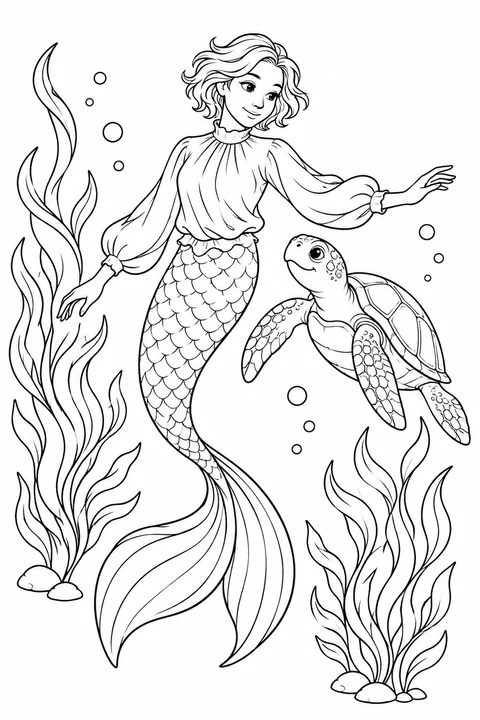 A mermaid swimming beside a patterned sea turtle