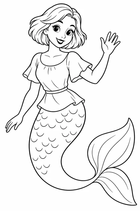 A short-haired mermaid waving with her tail curled to one side