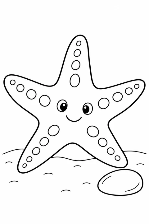 One large five arm starfish on sand beside one pebble