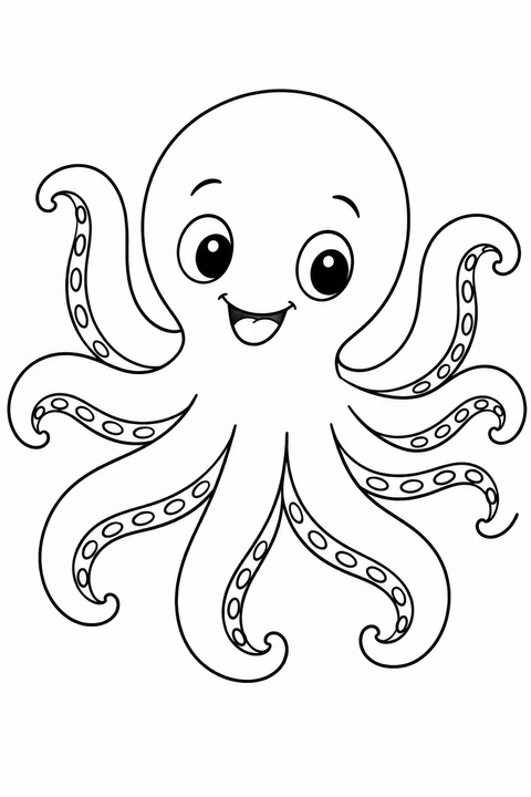 One friendly octopus with exactly eight clearly separated arms, broad blank shapes