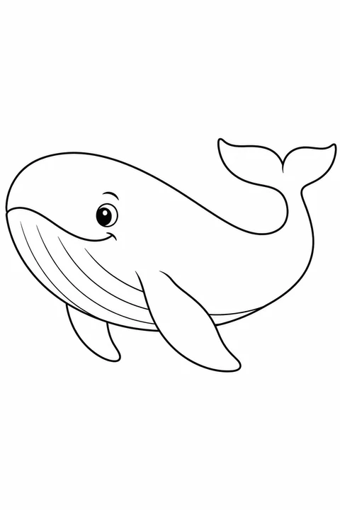 One friendly whale in profile with natural flippers and horizontal tail flukes